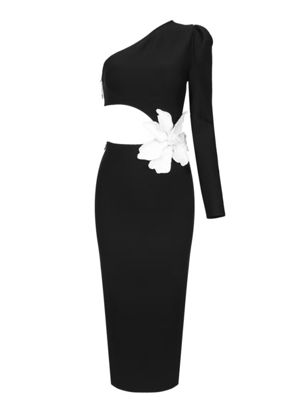 Patbo Black Single Shoulder Beaded Floral Midi Dress - Picture 3 of 5